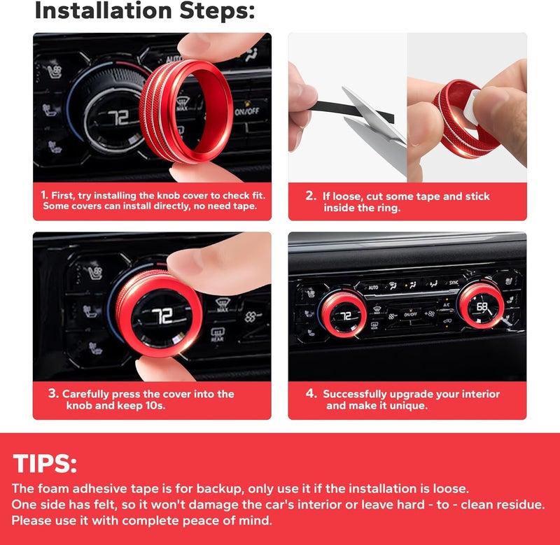 Polodunn for 2022-2025 2026 Chevy Silverado 1500 Accessories & 2024-2025 Chevrolet Silverado 2500HD/3500HD, 7pcs Aluminum Alloy Knob Cover Trim Kit (Red) - Push Start, AC, Volume, Headlight & Mode - Image 5